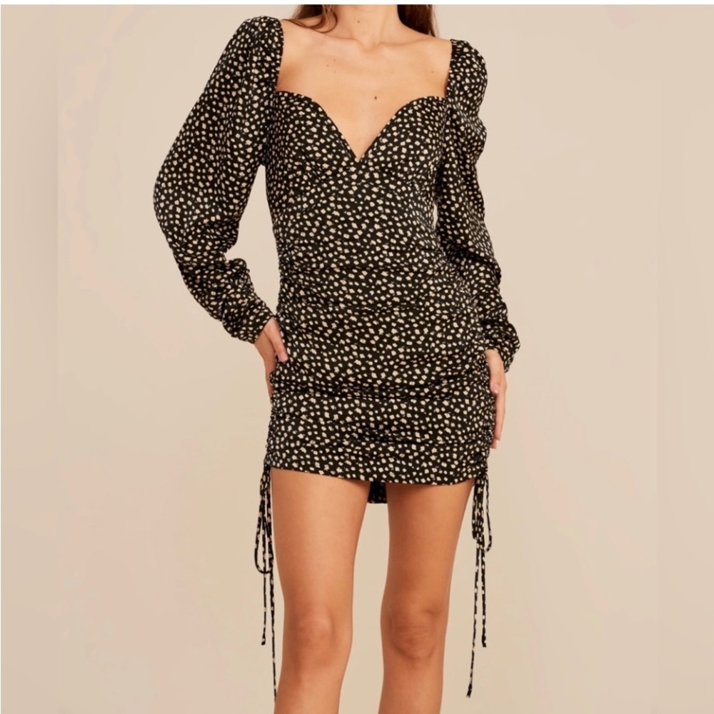NWT Lush Sweetheart Neckline Mini Dress Dot Floral Rouched Black Cream Size M